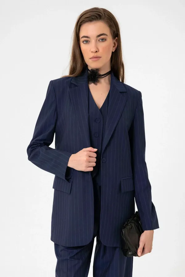 Antioch Lacivert Kadın Tek Düğme Çizgili Blazer Ceket