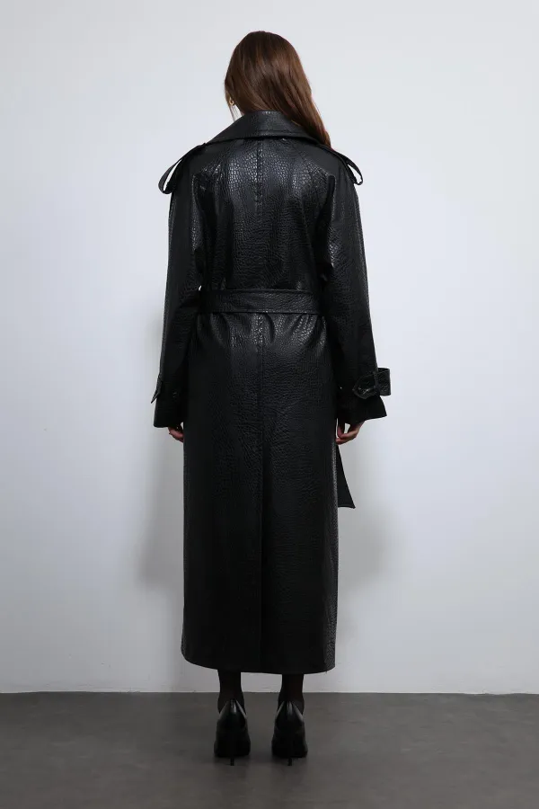 Antioch Black Textured Faux Leather Trench Coat