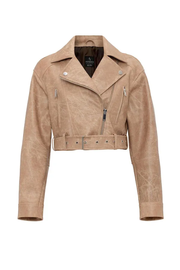 Antioch Bej Kadın Suni Deri Crop Biker Ceket