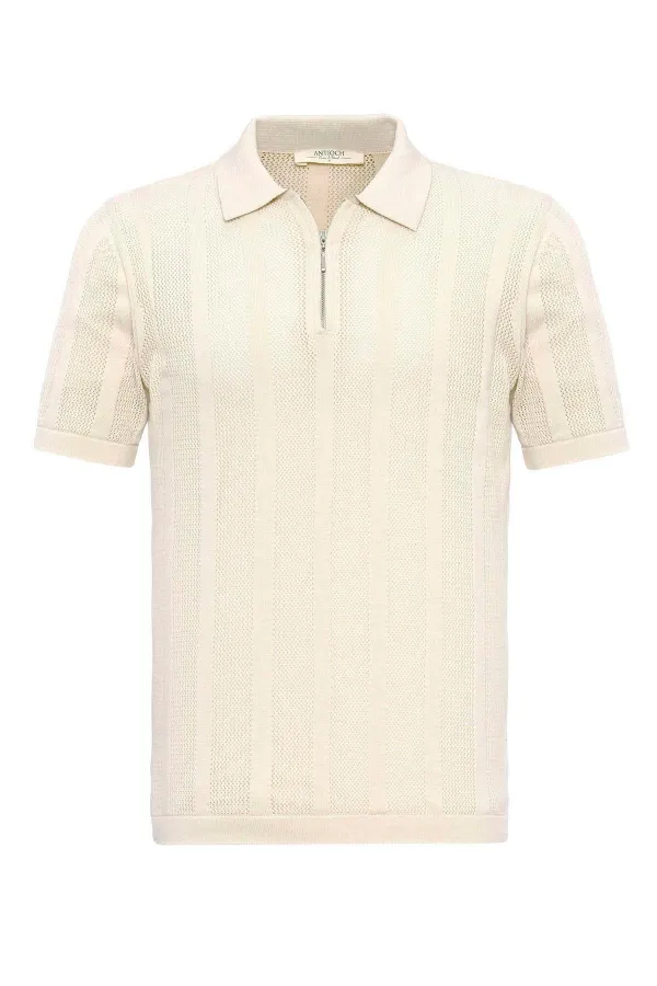 Antioch Ekru Polo Yaka Fermuarlı Örme Erkek T-Shirt