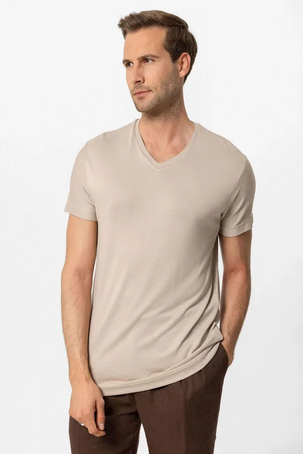 Antioch Açık Bej Basic V Yaka Erkek T-Shirt