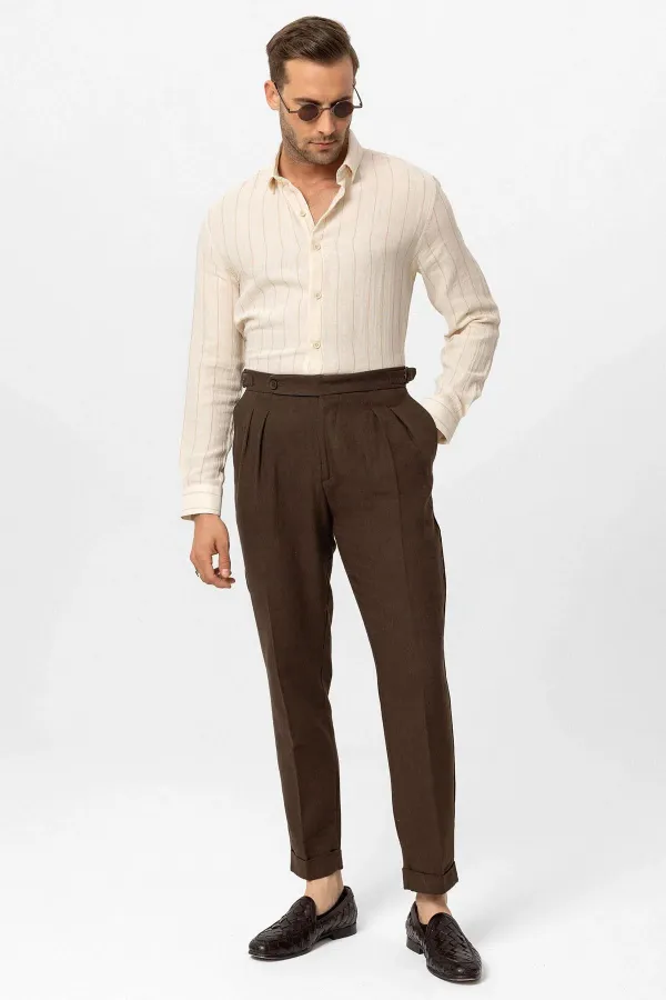 Pantalon homme Antioch Coffee taille haute en lin mélangé à double ourlet