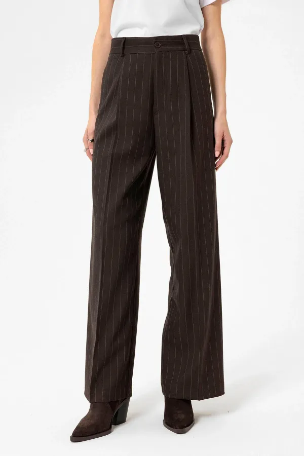 Antioch Kahve Kadın Yüksek Bel Pileli Çizgili Pantolon
