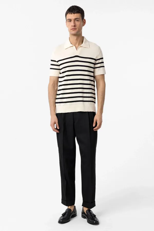 Antioch Ekru-Siyah Polo Yaka Çizgili Erkek Triko T-Shirt