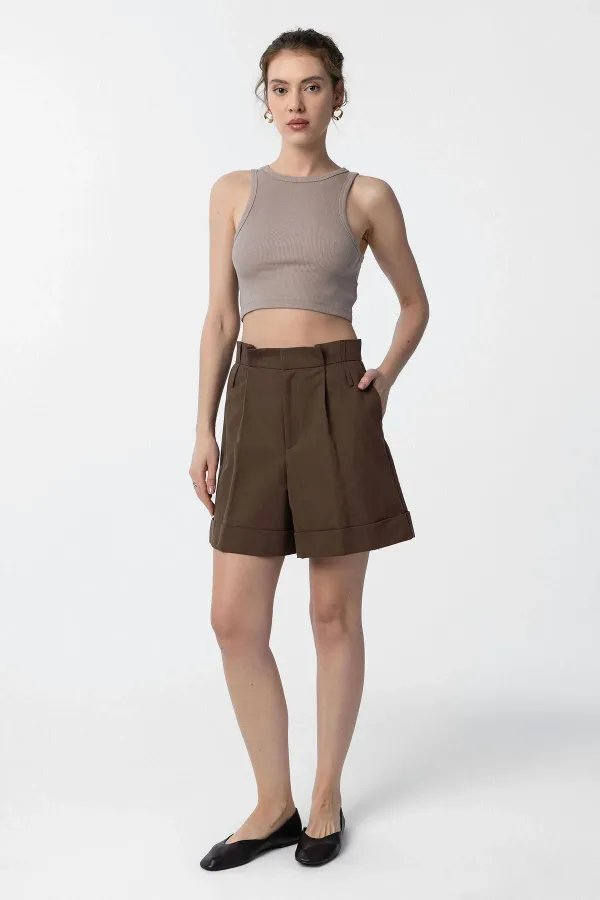 Antioch Kahve Yüksek Bel Pensli  Kadın Bermuda Şort