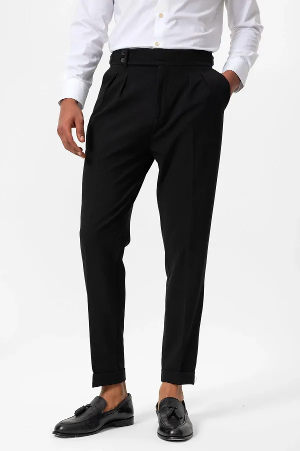 Antioch Siyah Yüksek Bel Pileli Dokulu Erkek Pantolon