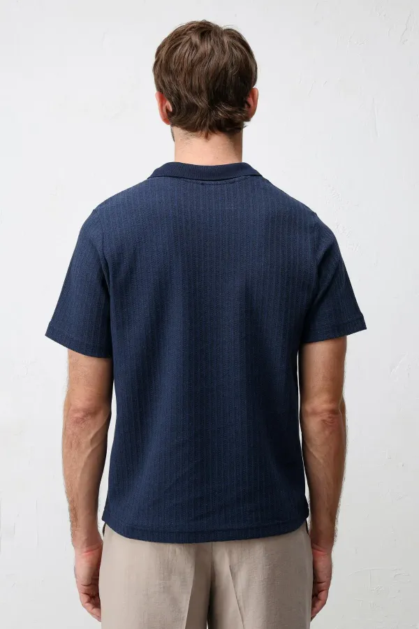 Antioch Lacivert Dokulu Örme Polo Yaka Erkek T-Shirt