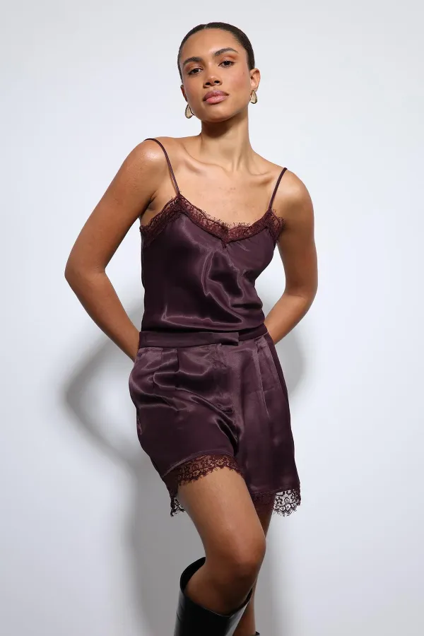 Antioch Bordo Dantel Detaylı Saten Top