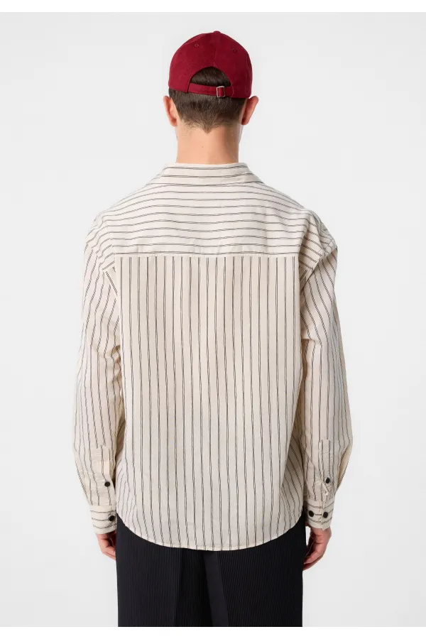 Antioch Bej Relax Fit Çizgili Erkek Gömlek
