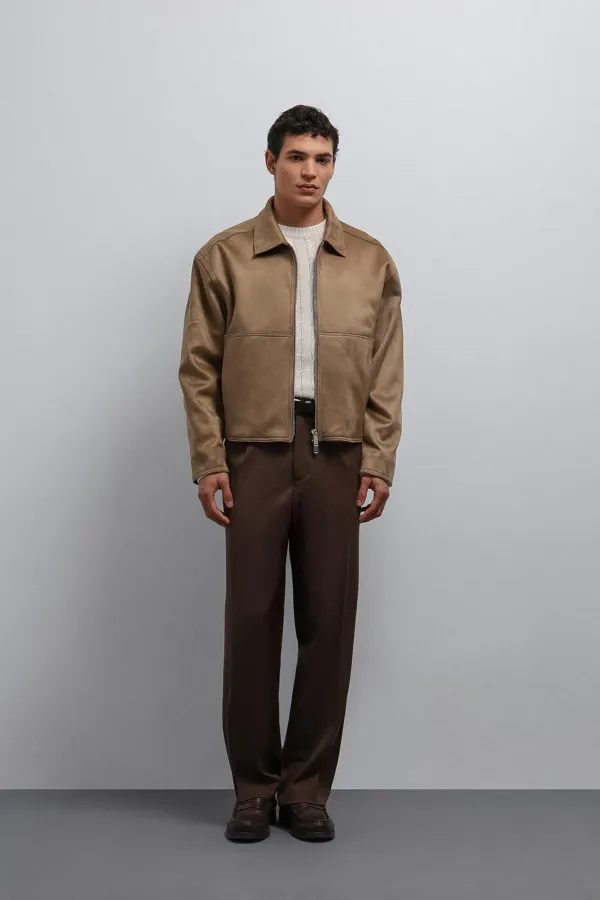 Antioch Bej Fermuarlı Suni Süet Erkek Mont