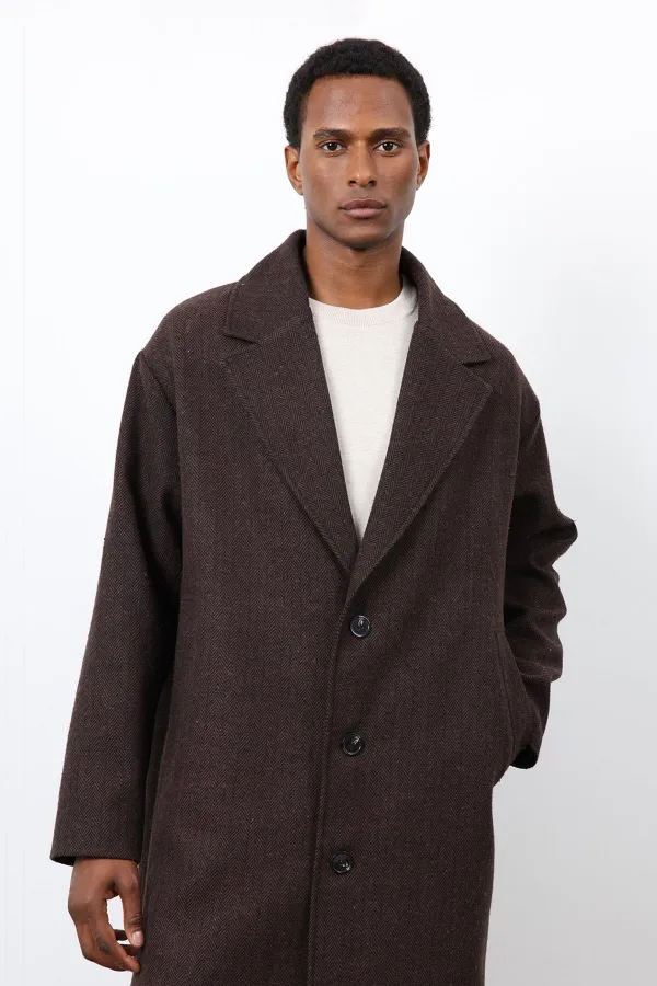 Antioch Kahve Relax Fit Balıksırtı Desenli Erkek Kaban