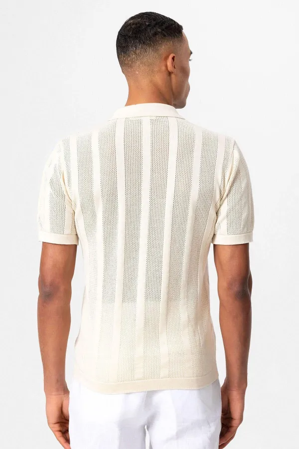 Antioch Ekru Polo Yaka Fermuarlı Örme Erkek T-Shirt