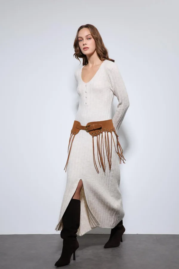 Antioch Off-White Knit Dress with Slit Detail