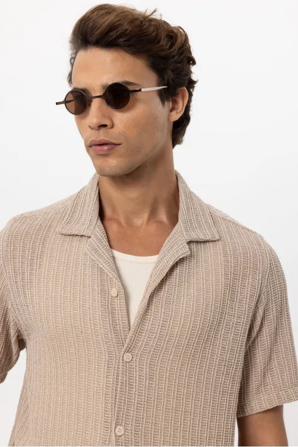 Antioch Beige Textured Crochet Men's Shirt