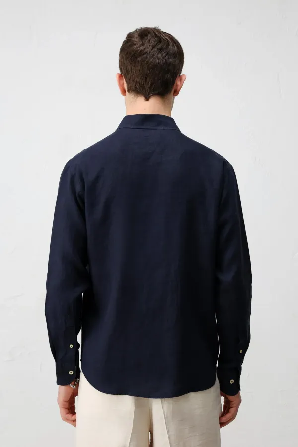 Antioch Lacivert 100% Keten Relax Fit Erkek Gömlek