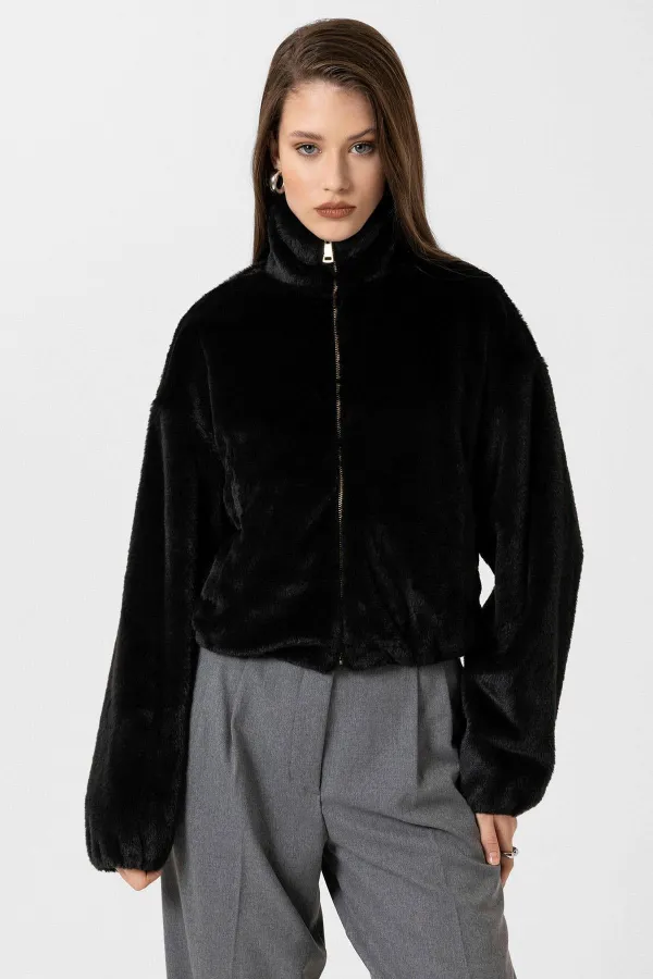 Antioch Black Women's Faux Fur Coat with Elastic Waistband