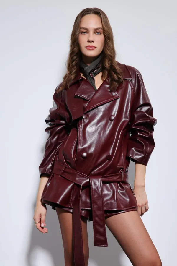 Antioch Bordo Suni Deri Kemerli Trençkot