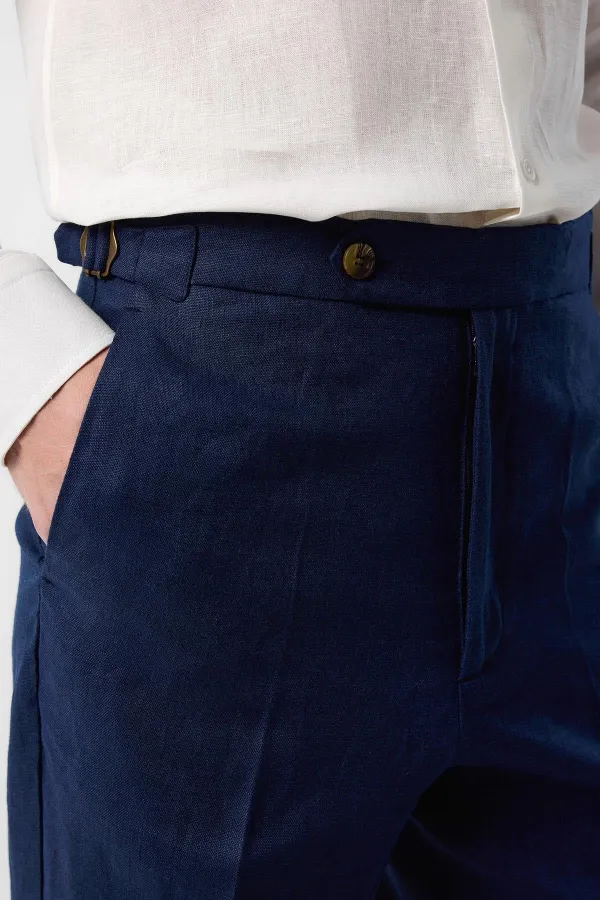 Antioch Navy Blue 100% Linen Italian Cut Men's Trousers