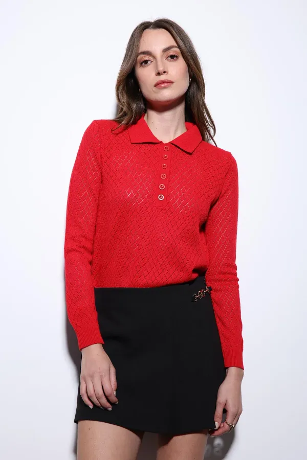 Pull en maille à motif Antioch rouge à col polo pour femme