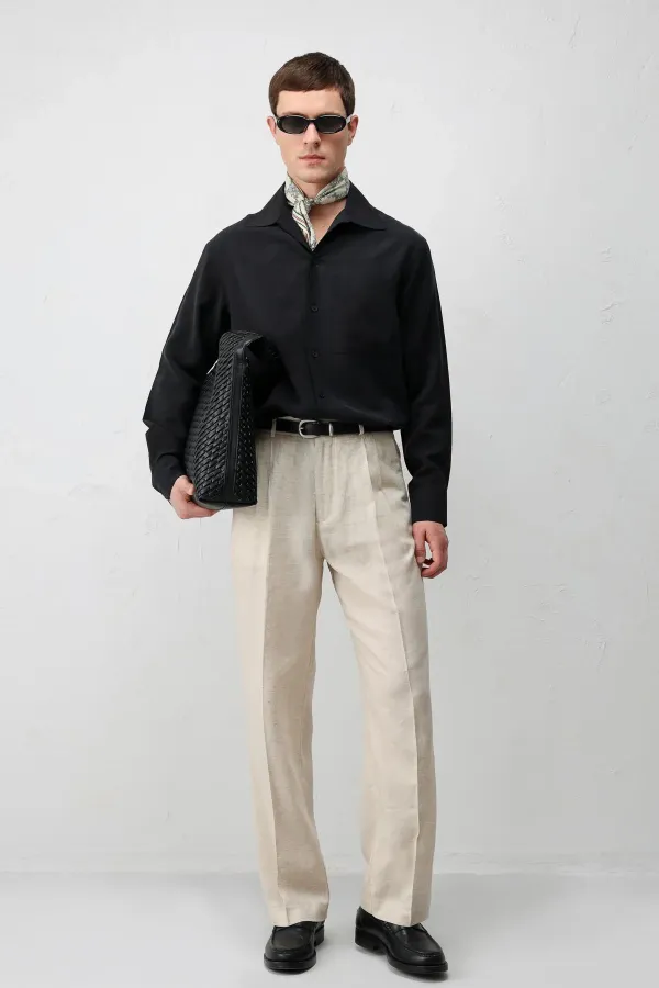 Antioch Siyah Lyocell Karışımlı Geniş Yaka Erkek Gömlek