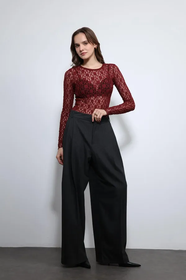 Antioch Bordo Dantel Detaylı Transparan Bluz