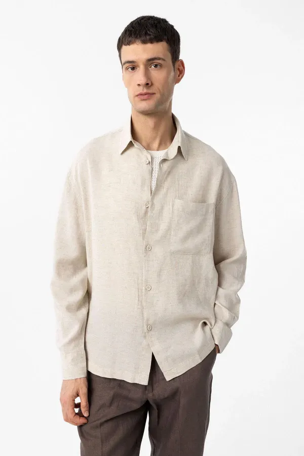 Chemise homme Antioch beige en lin mélangé, coupe décontractée