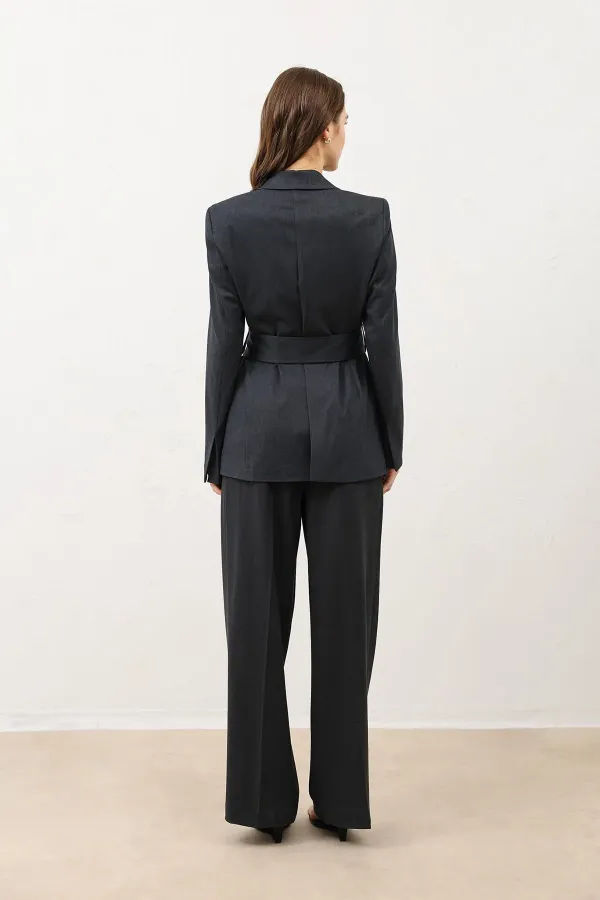 Antioch Füme Vücuda Oturan Kuşaklı Kadın Blazer Ceket