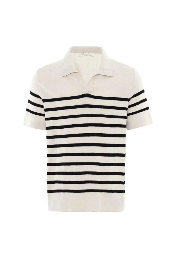 Antioch Ekru-Siyah Polo Yaka Çizgili Erkek Triko T-Shirt