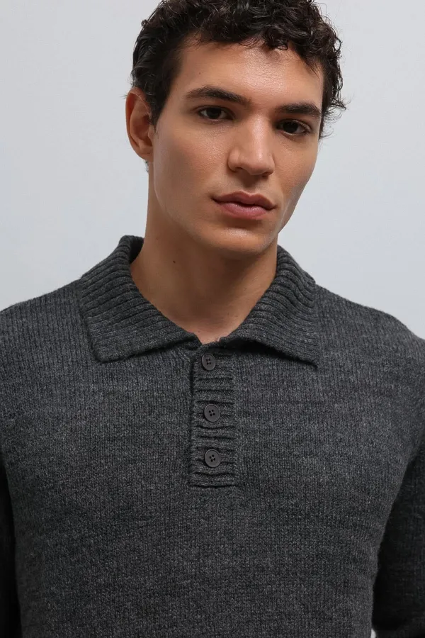 Antioch Gri Melanj Düğmeli Yaka Erkek Kazak