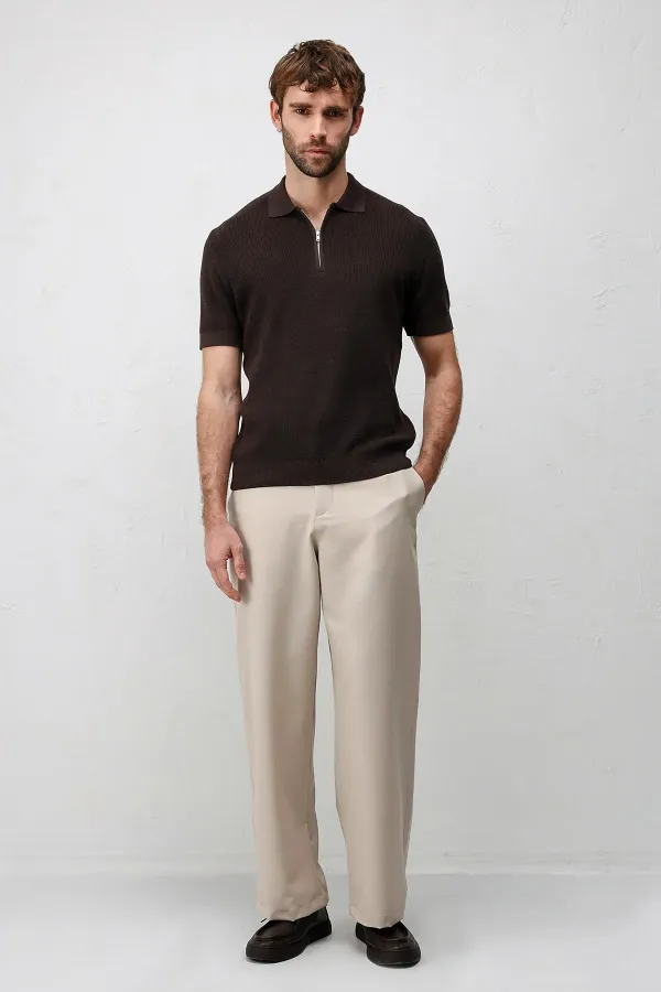 Antioch Kahve Comfort Slim Fermuarlı Erkek Triko T-Shirt