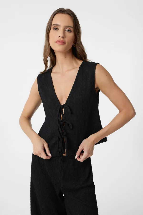 Antioch Black Textured Women's Suit with Tie Detail