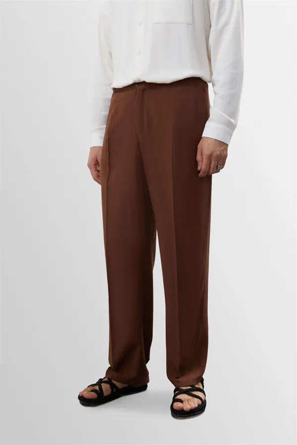 Pantalon pour homme Antioch Coffee en lin mélangé plissé taille haute
