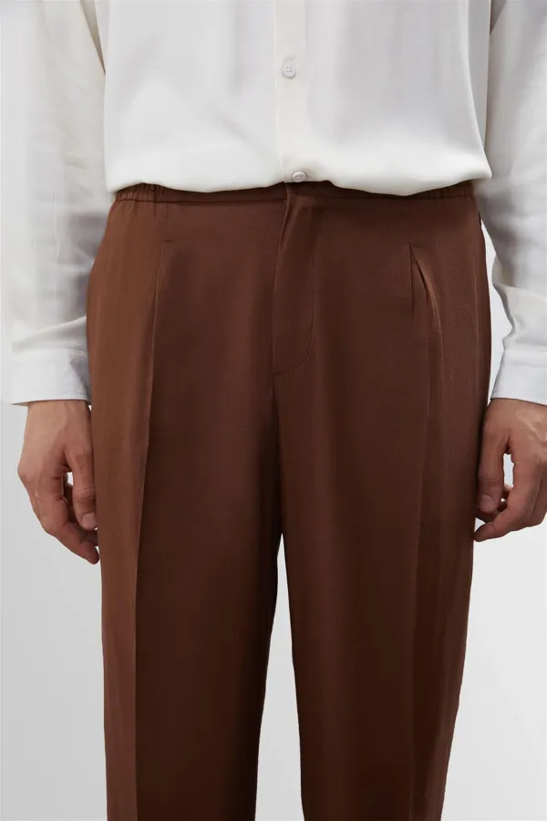 Pantalon pour homme Antioch Coffee en lin mélangé plissé taille haute