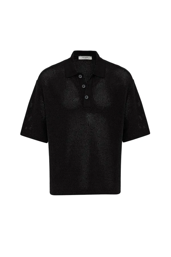 T-shirt homme Antioch noir à col polo texturé et coupe décontractée