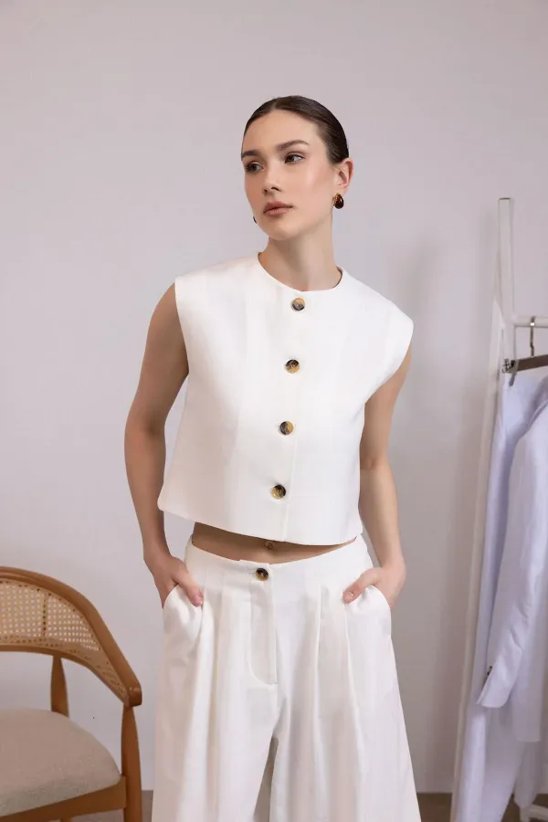 Antioch Beyaz Keten Karışımlı Kadın Yelek