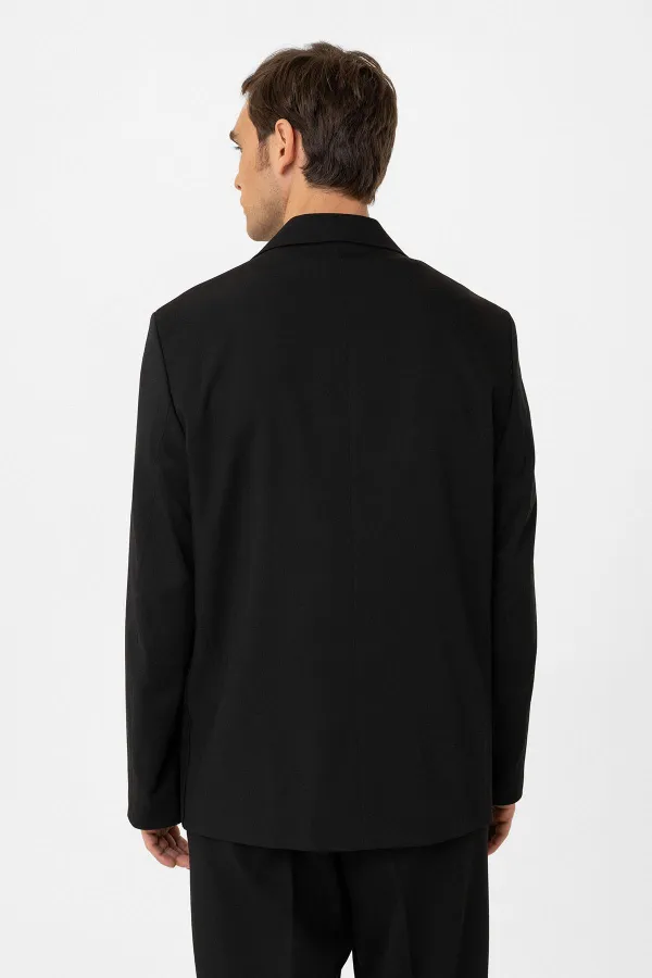 Antioch Siyah Relax Fit Kruvaze Kapama Erkek Teknik Blazer Ceket