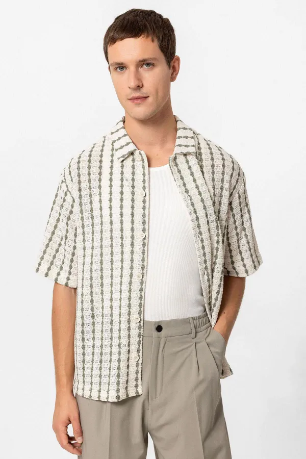 Antioch Khaki Striped Knitted Short-Sleeved Men's Shirt