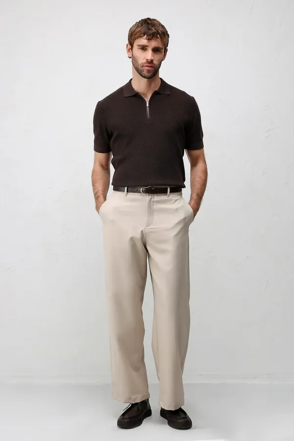 Antioch Kahve Comfort Slim Fermuarlı Erkek Triko T-Shirt