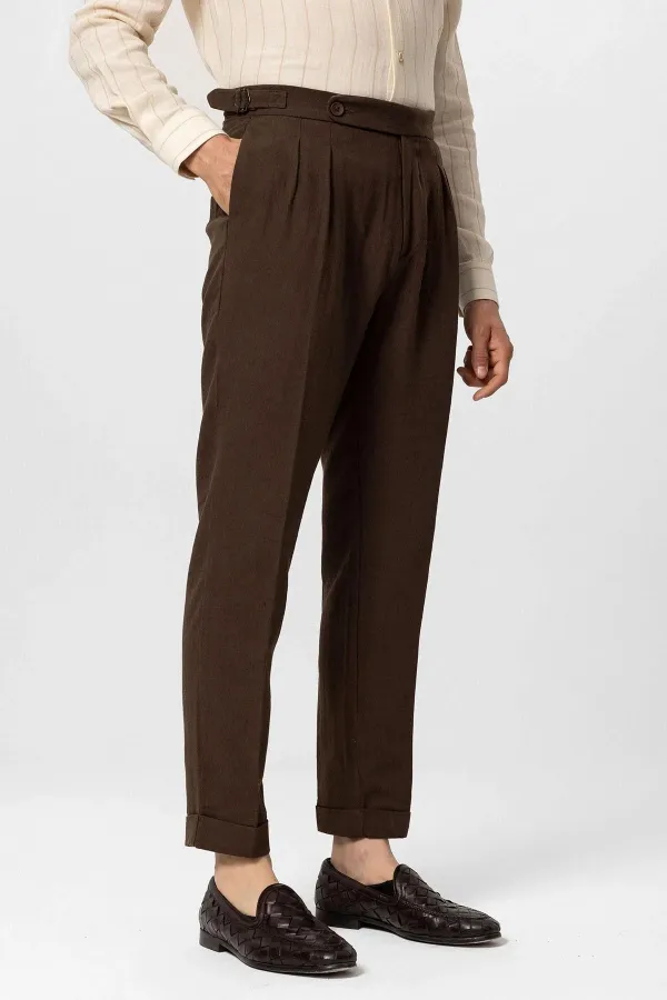 Pantalon homme Antioch Coffee taille haute en lin mélangé à double ourlet
