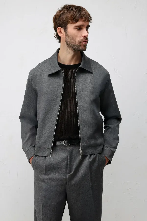 Antioch Gri Relaxed Fit Fermuarlı Erkek Mont