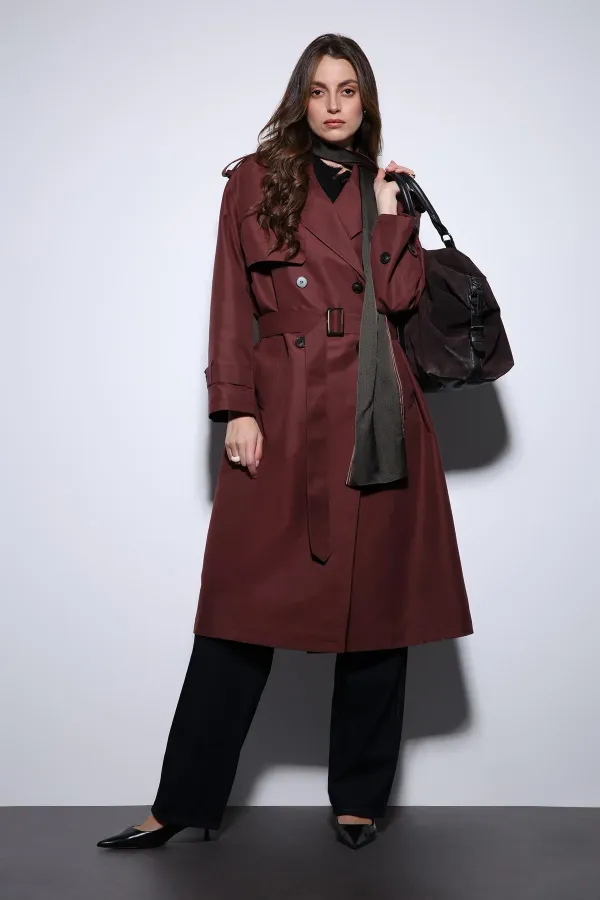Trench-coat Antioch bordeaux à double boutonnage et ceinture pour femme