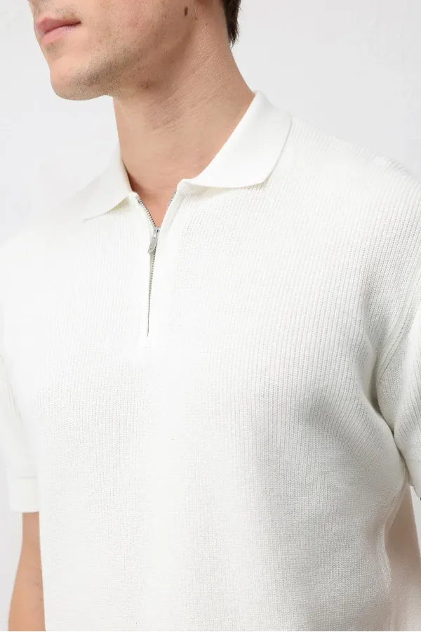 T-shirt en maille Antioch Ecru Comfort Slim à fermeture éclair pour homme