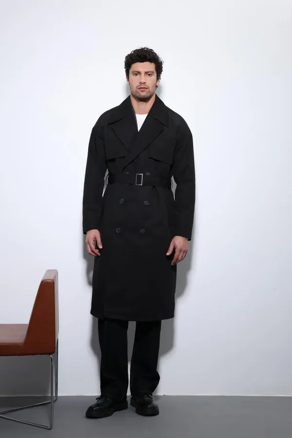 Trench-coat Antioch noir à double boutonnage avec ceinture