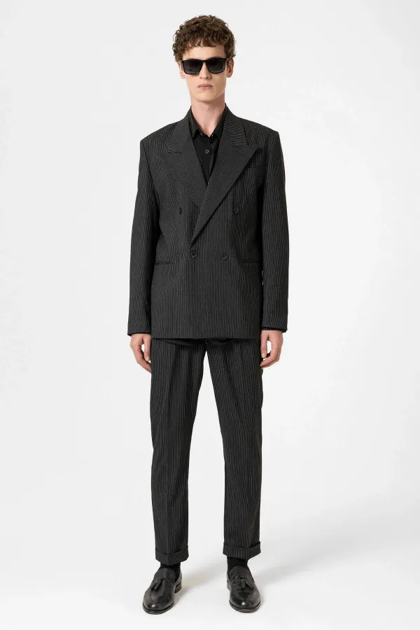 Antioch Black High-Waisted Striped Double-Leg Men's Trousers