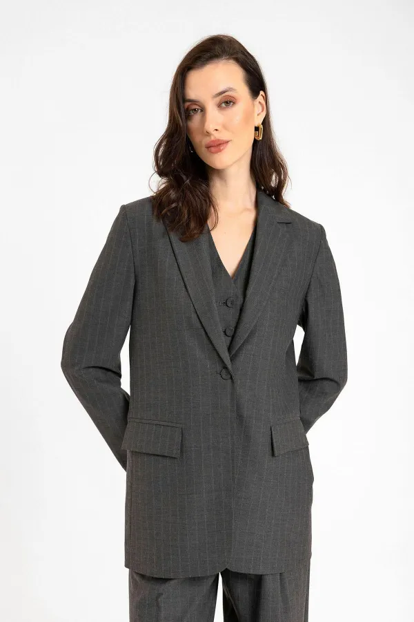 Antioch Anthracite Women's Single Button Striped Blazer Jacket