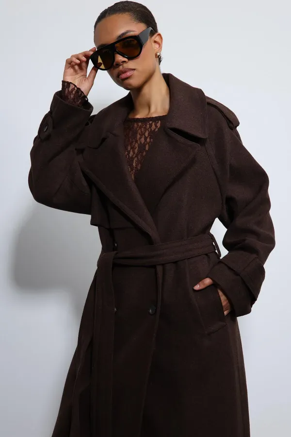 Antioch Kahve Oversize Kemerli Kaban