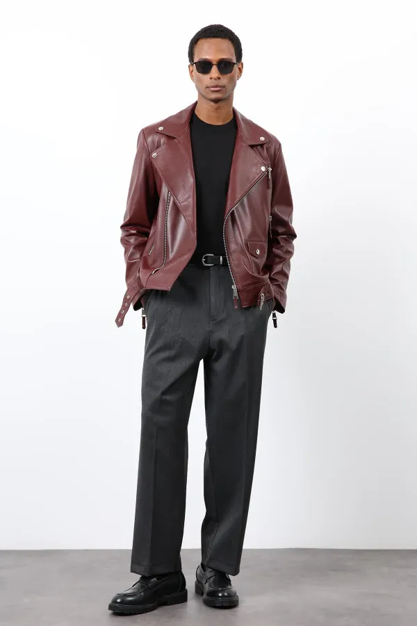 Antioch Bordo 100% Deri Biker Ceket