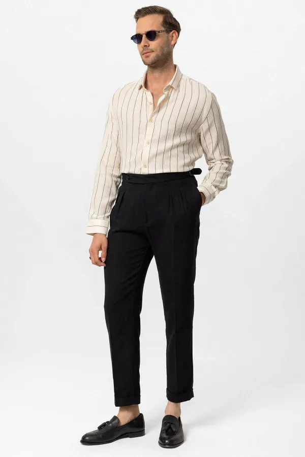 Pantalon homme Antioch noir taille haute en lin mélangé à double ourlet