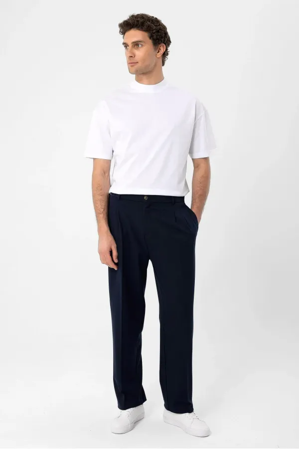 Pantalon homme Antioch bleu marine à taille haute plissée et coupe décontractée