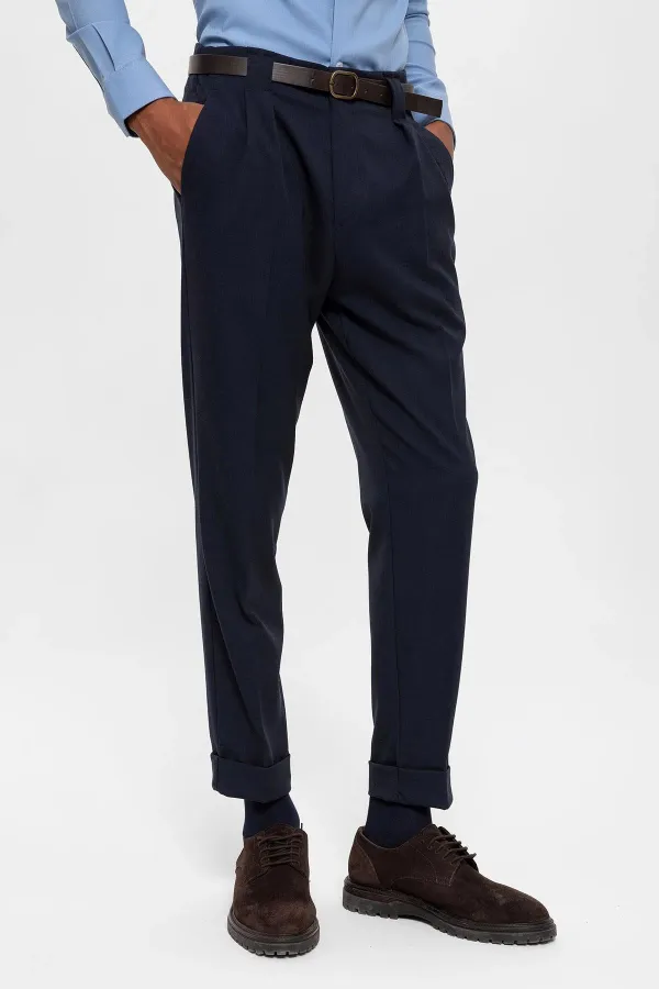 Antioch Lacivert Kemerli Double Paça Pantolon